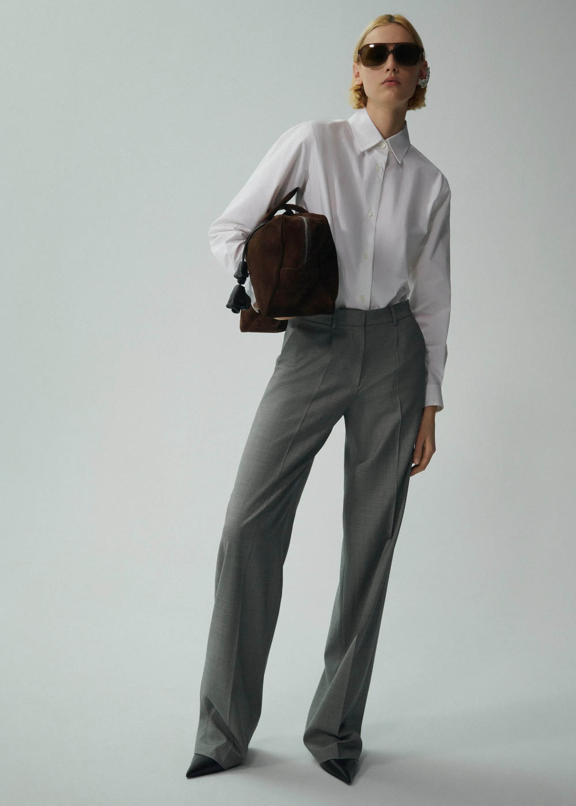 Wide leg tailored wool pants in grey