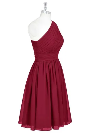 Wine Red Chiffon One-Shoulder Gathered Short Bridesmaid Dress