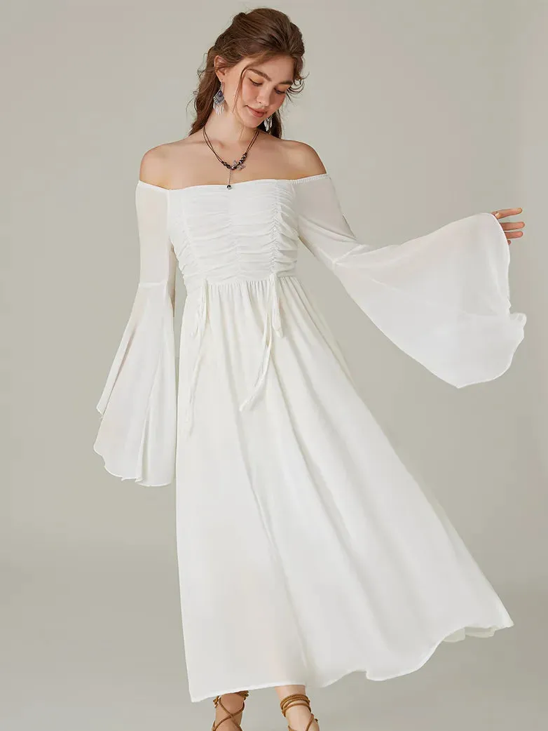 Women Chiffon Dress Off Shouder Ruched Dress with Pocket