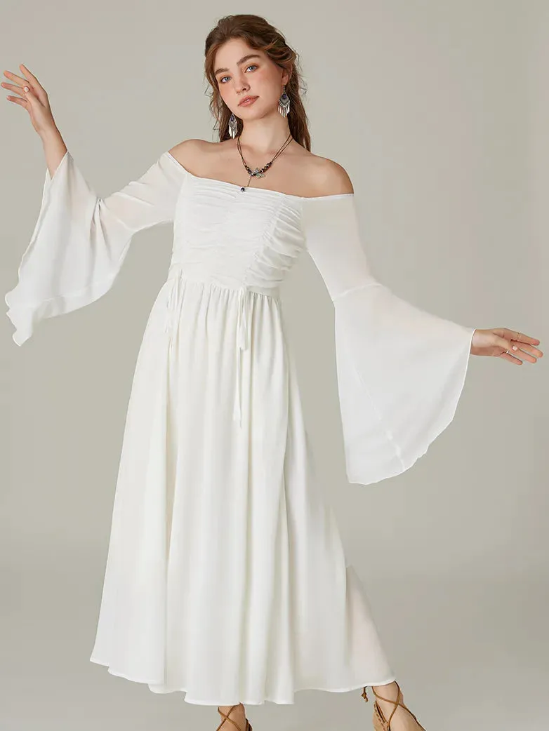 Women Chiffon Dress Off Shouder Ruched Dress with Pocket