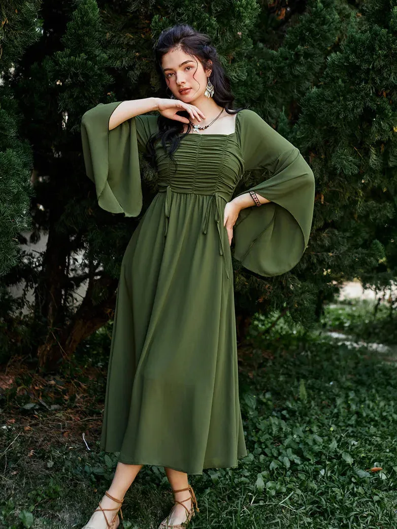 Women Chiffon Dress Off Shouder Ruched Dress with Pocket
