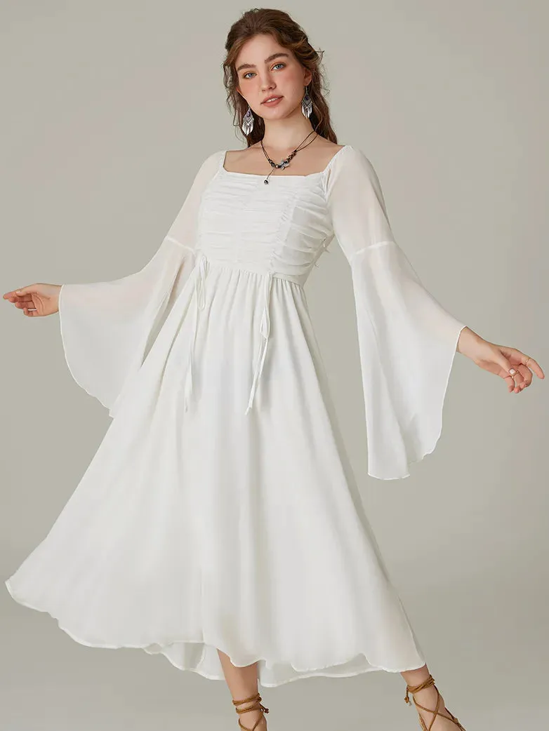 Women Chiffon Dress Off Shouder Ruched Dress with Pocket
