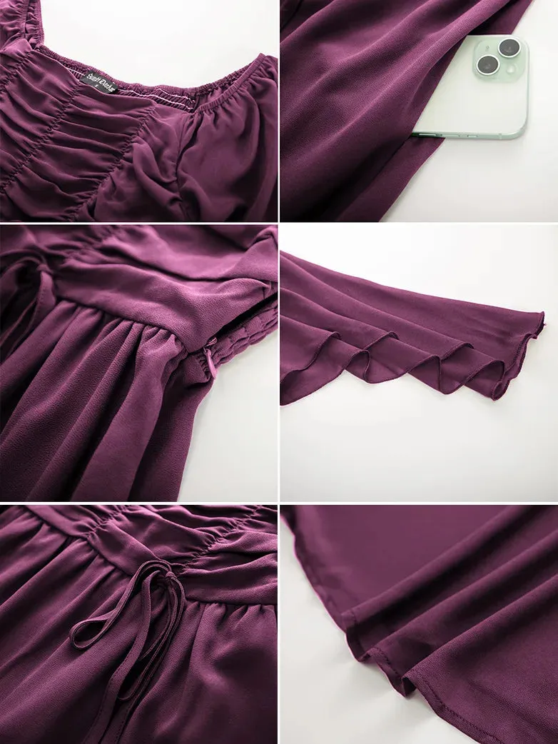 Women Chiffon Dress Off Shouder Ruched Dress with Pocket