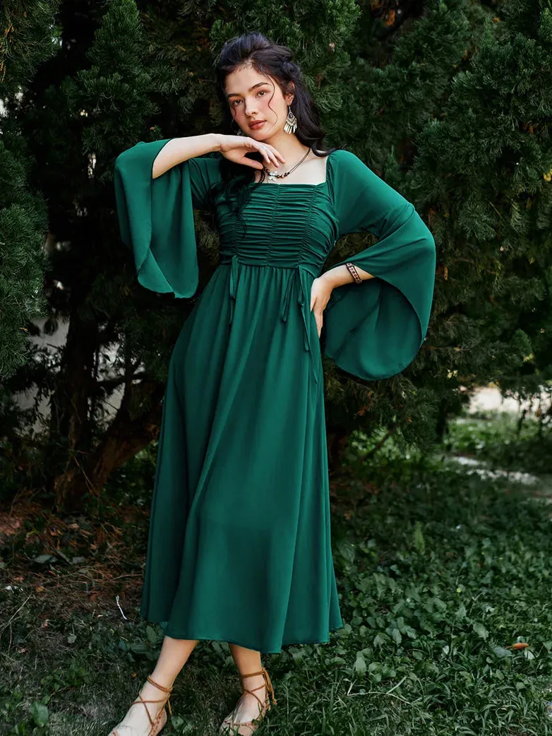 Women Chiffon Dress Off Shouder Ruched Dress with Pocket