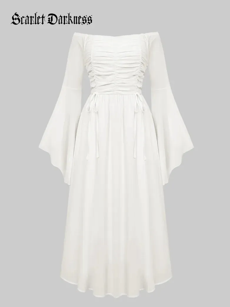 Women Chiffon Dress Off Shouder Ruched Dress with Pocket
