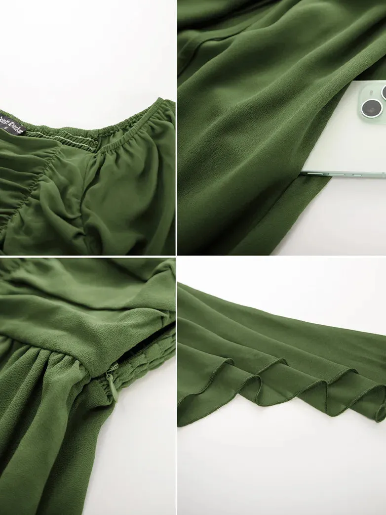 Women Chiffon Dress Off Shouder Ruched Dress with Pocket