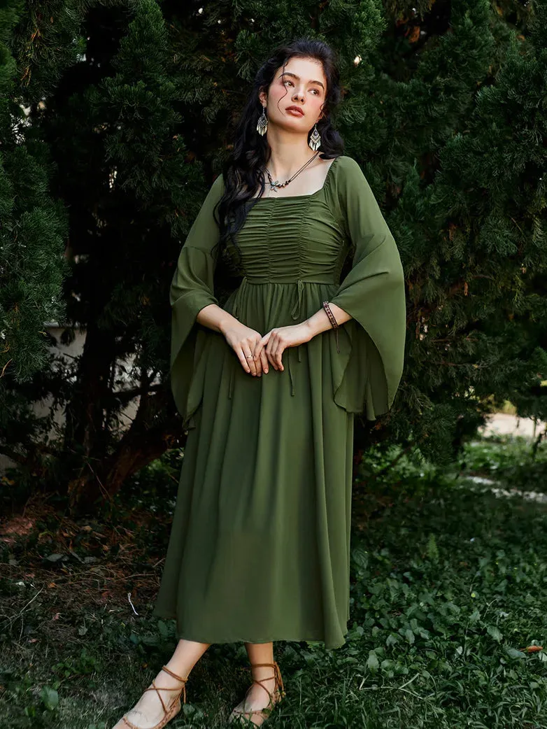 Women Chiffon Dress Off Shouder Ruched Dress with Pocket