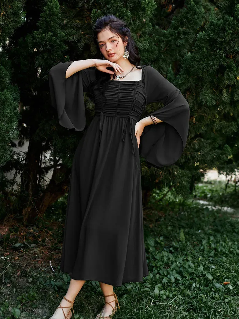Women Chiffon Dress Off Shouder Ruched Dress with Pocket