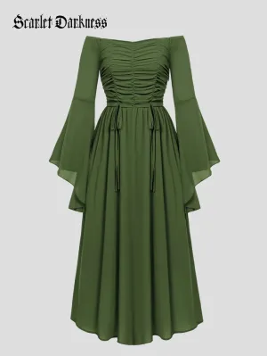 Women Chiffon Dress Off Shouder Ruched Dress with Pocket