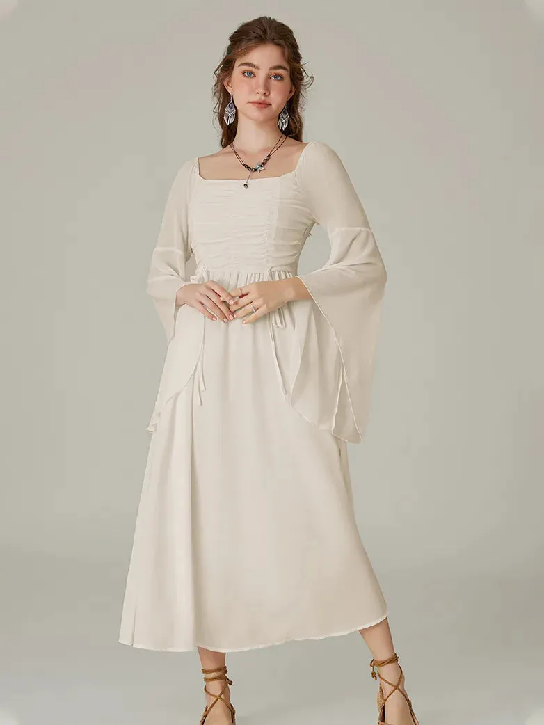 Women Chiffon Dress Off Shouder Ruched Dress with Pocket