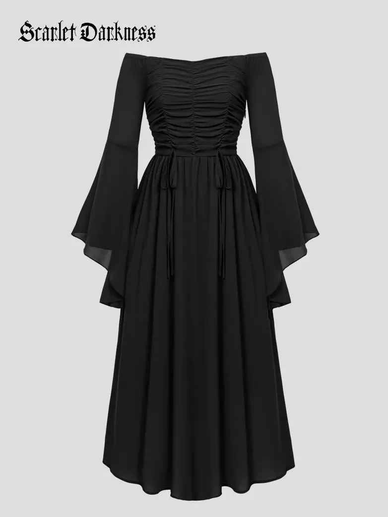 Women Chiffon Dress Off Shouder Ruched Dress with Pocket