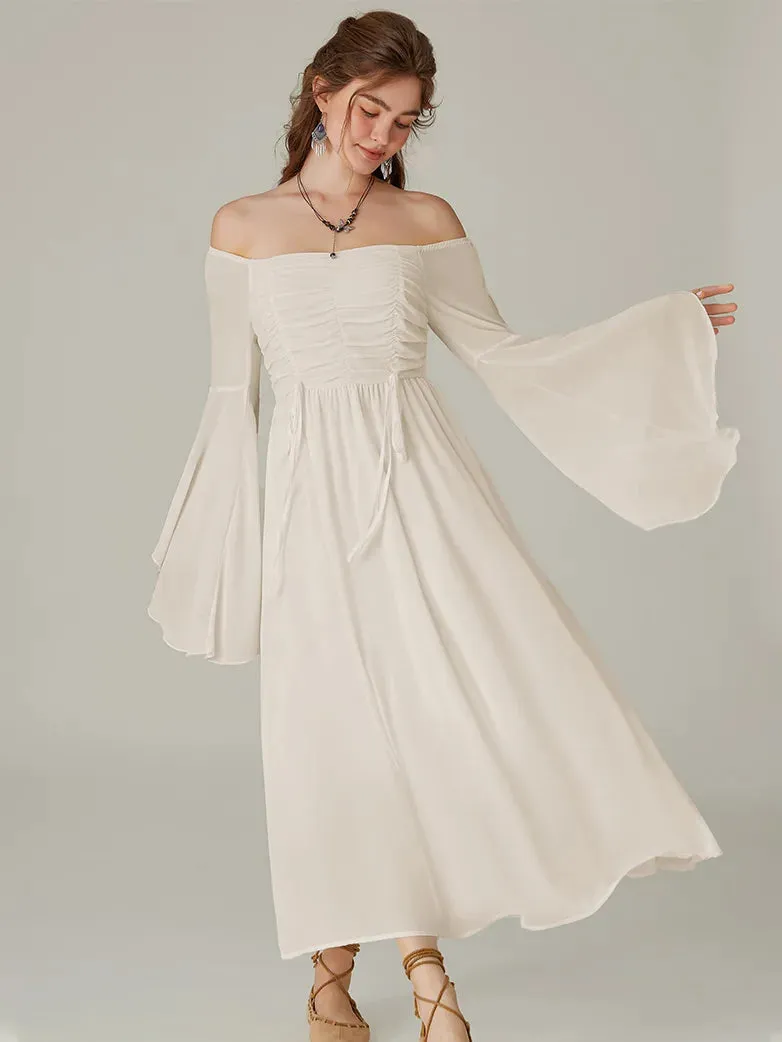Women Chiffon Dress Off Shouder Ruched Dress with Pocket