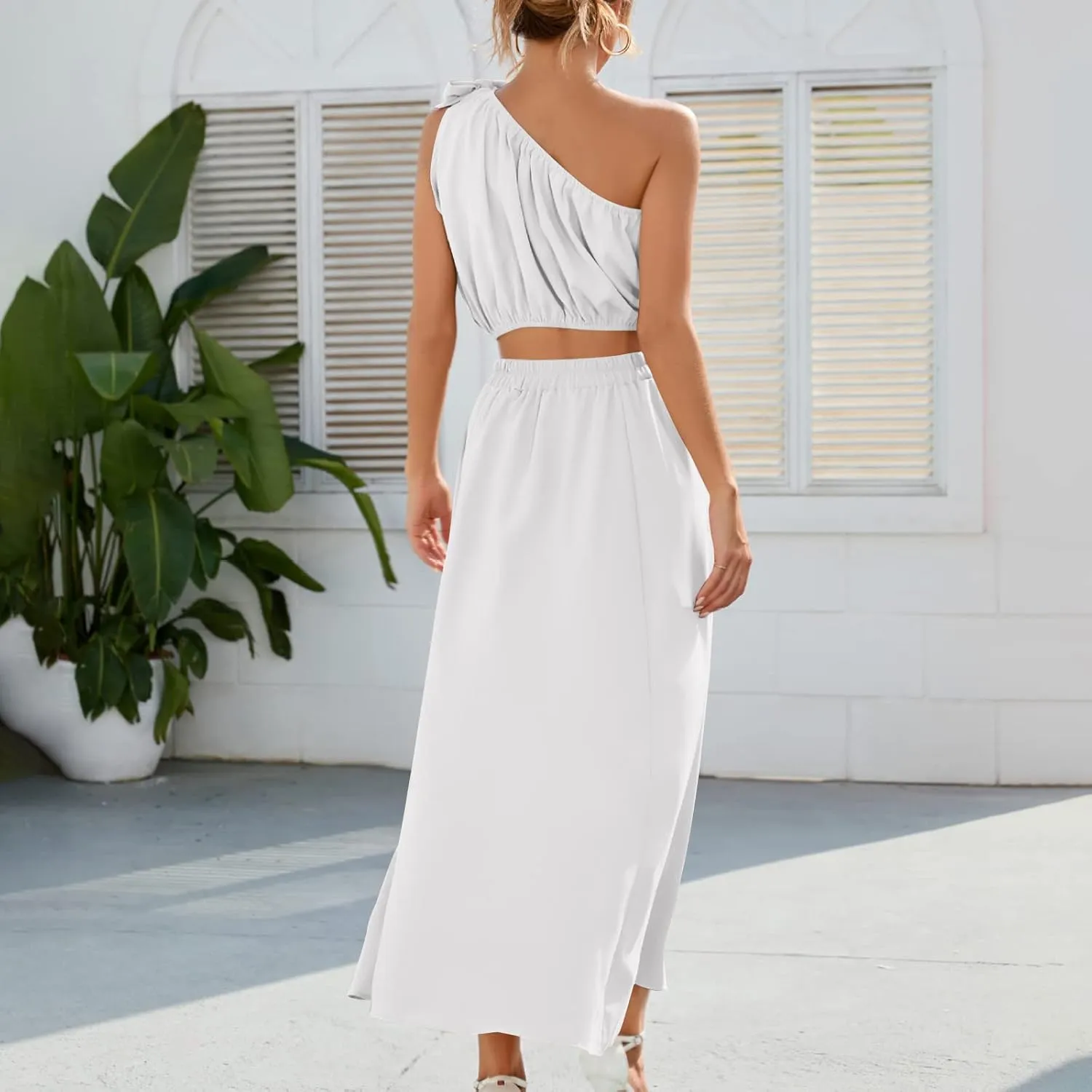 Womens 2 Piece Summer Outfits One Shoulder Smocked Crop Top Casual Split Vacation Maxi Skirt Dress Set 2024 Fashion