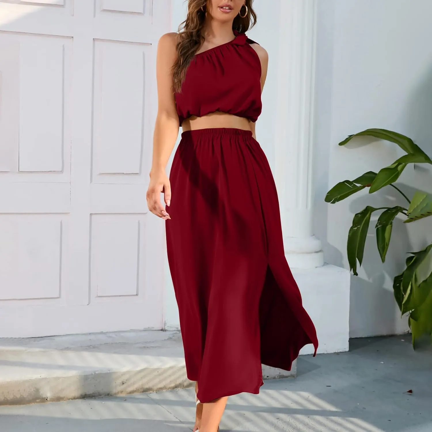 Womens 2 Piece Summer Outfits One Shoulder Smocked Crop Top Casual Split Vacation Maxi Skirt Dress Set 2024 Fashion