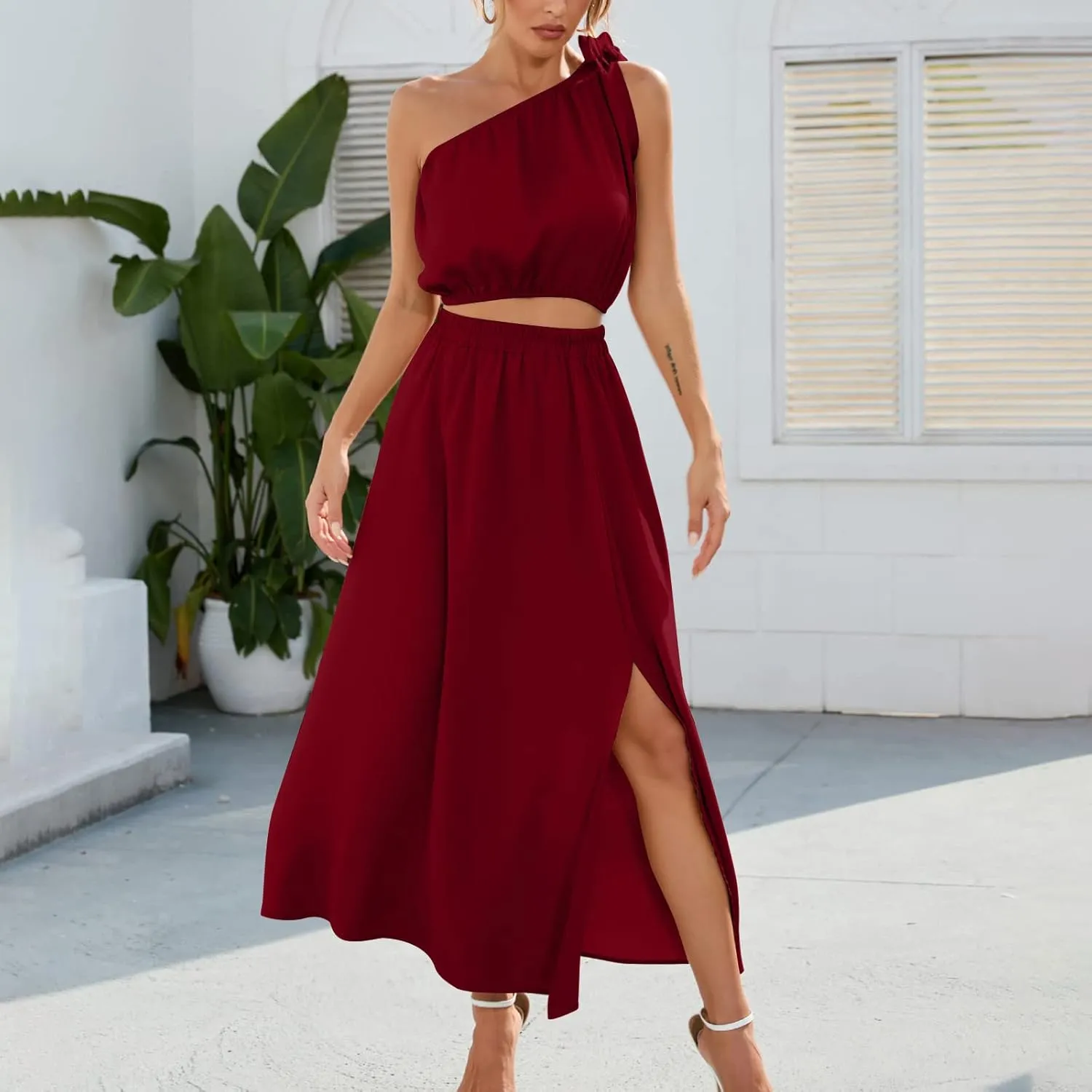 Womens 2 Piece Summer Outfits One Shoulder Smocked Crop Top Casual Split Vacation Maxi Skirt Dress Set 2024 Fashion