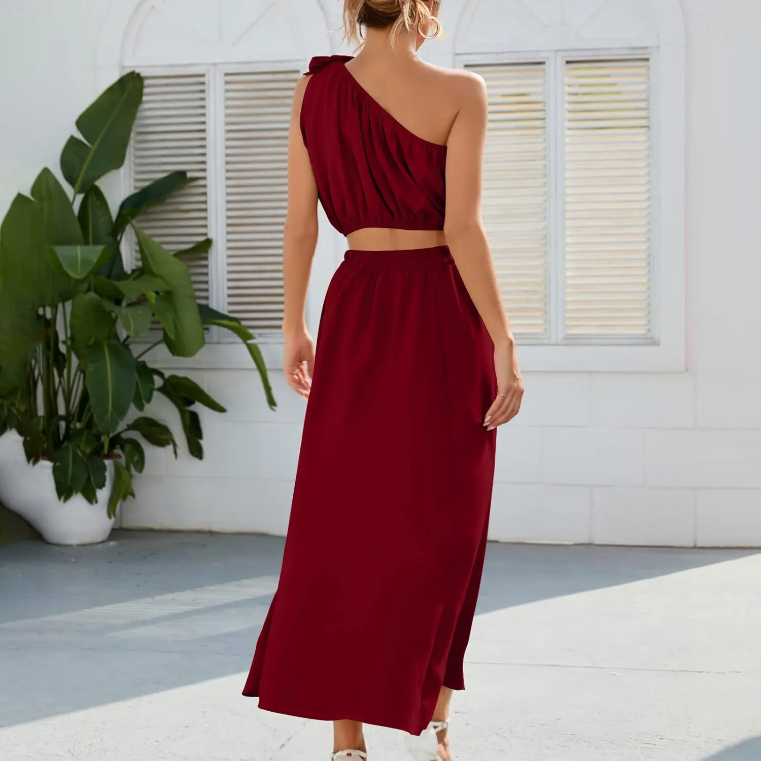 Womens 2 Piece Summer Outfits One Shoulder Smocked Crop Top Casual Split Vacation Maxi Skirt Dress Set 2024 Fashion