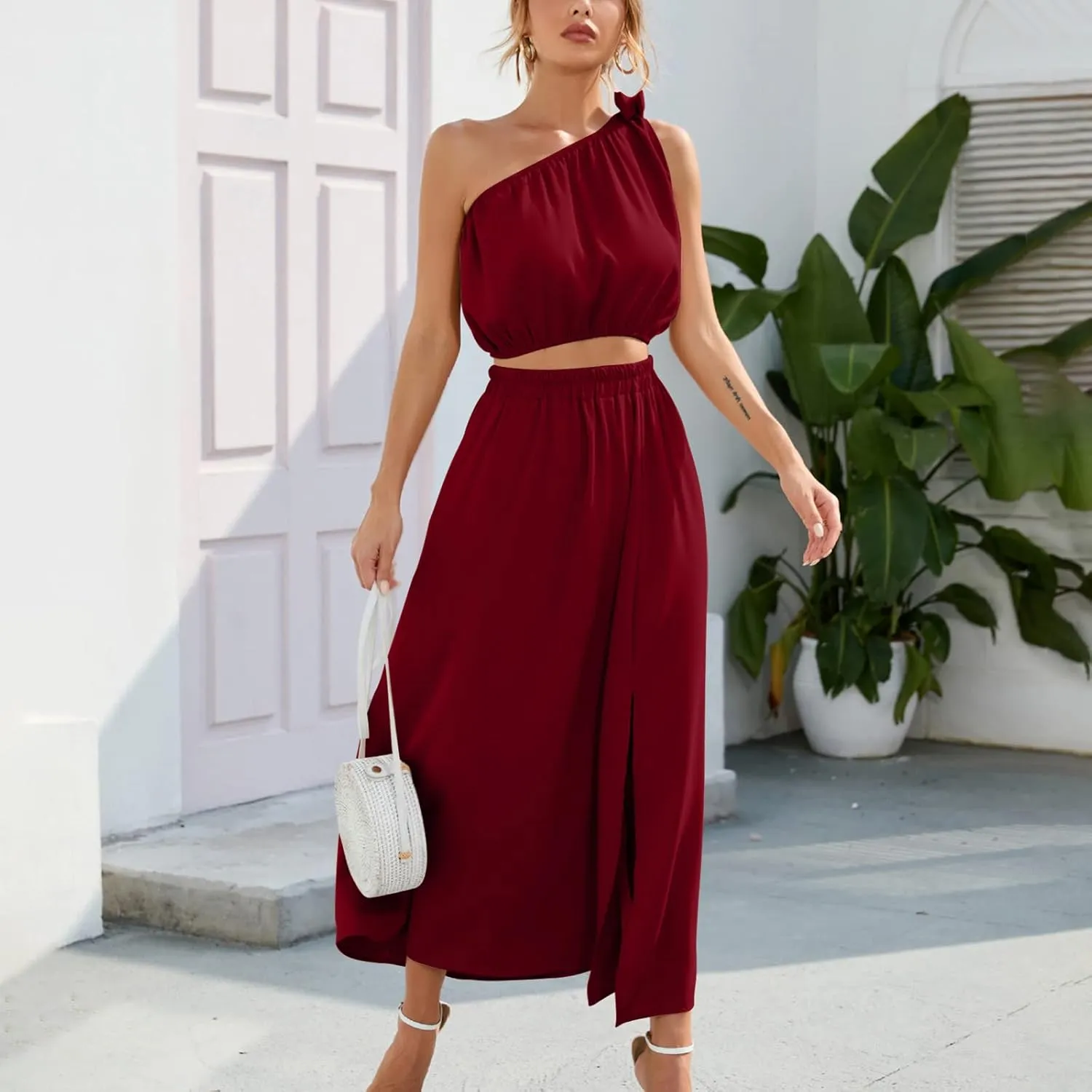 Womens 2 Piece Summer Outfits One Shoulder Smocked Crop Top Casual Split Vacation Maxi Skirt Dress Set 2024 Fashion