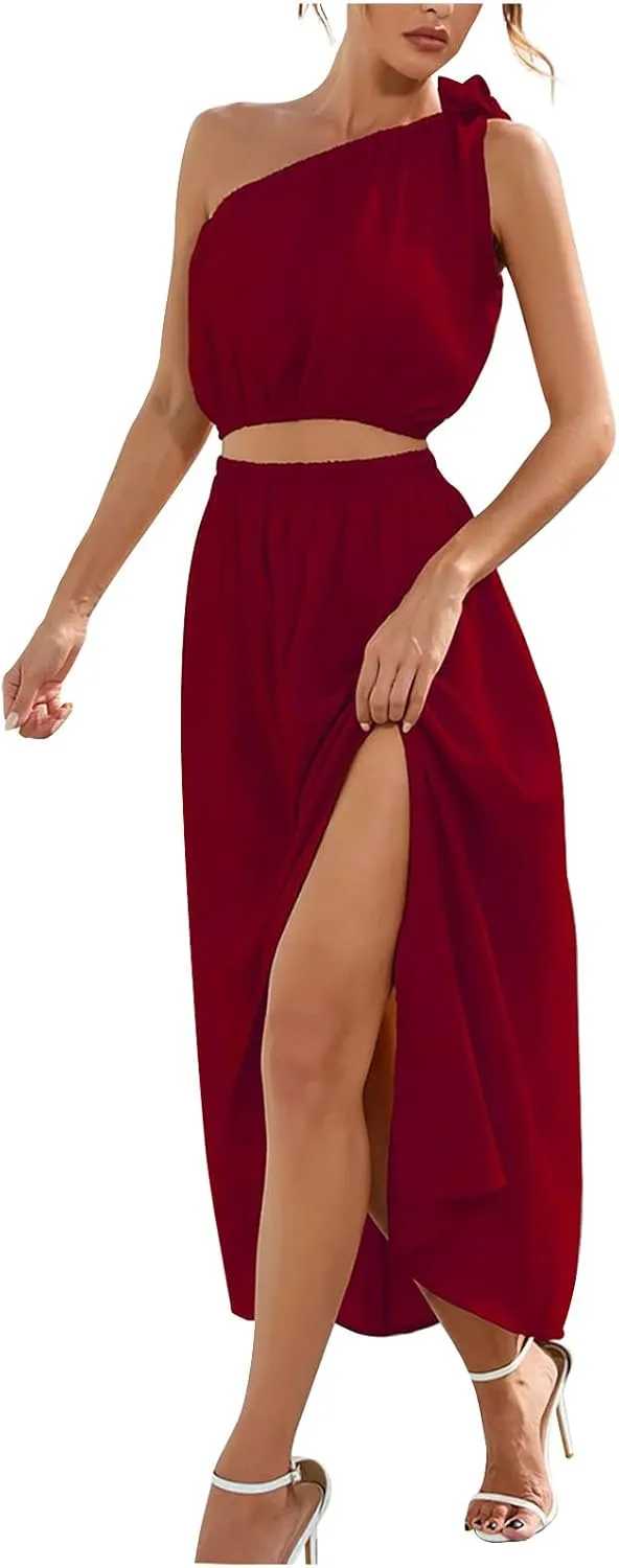 Womens 2 Piece Summer Outfits One Shoulder Smocked Crop Top Casual Split Vacation Maxi Skirt Dress Set 2024 Fashion