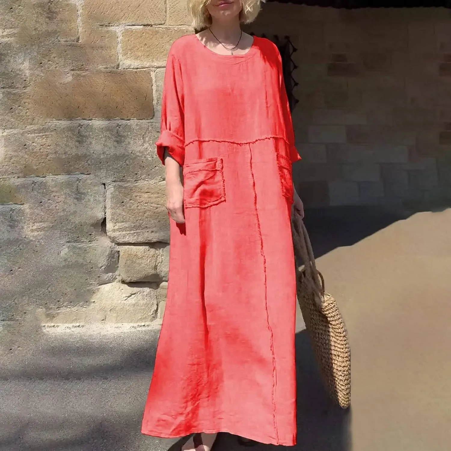 Women's Crew Neck Solid Color Mid Long Sleeve Dress Cotton and Linen Dress Long Sleeve Dress Casual