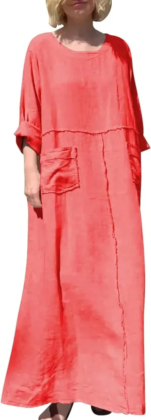 Women's Crew Neck Solid Color Mid Long Sleeve Dress Cotton and Linen Dress Long Sleeve Dress Casual
