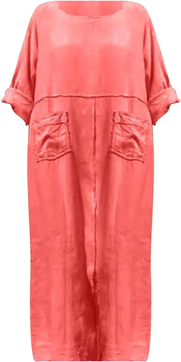 Women's Crew Neck Solid Color Mid Long Sleeve Dress Cotton and Linen Dress Long Sleeve Dress Casual