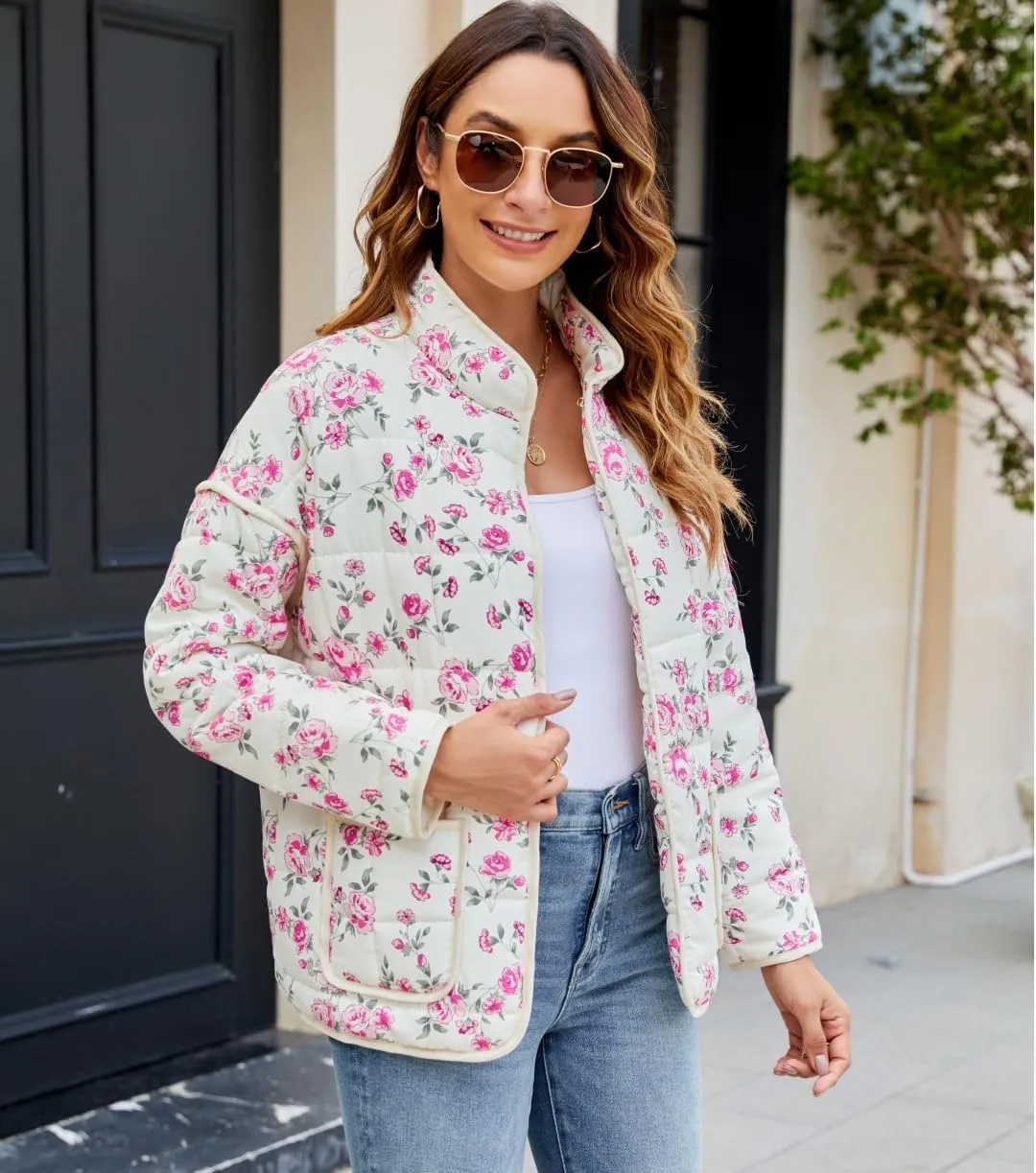 Women's Cropped Floral Quilted Jacket Lightweight Open Front Padded Puffer Coat