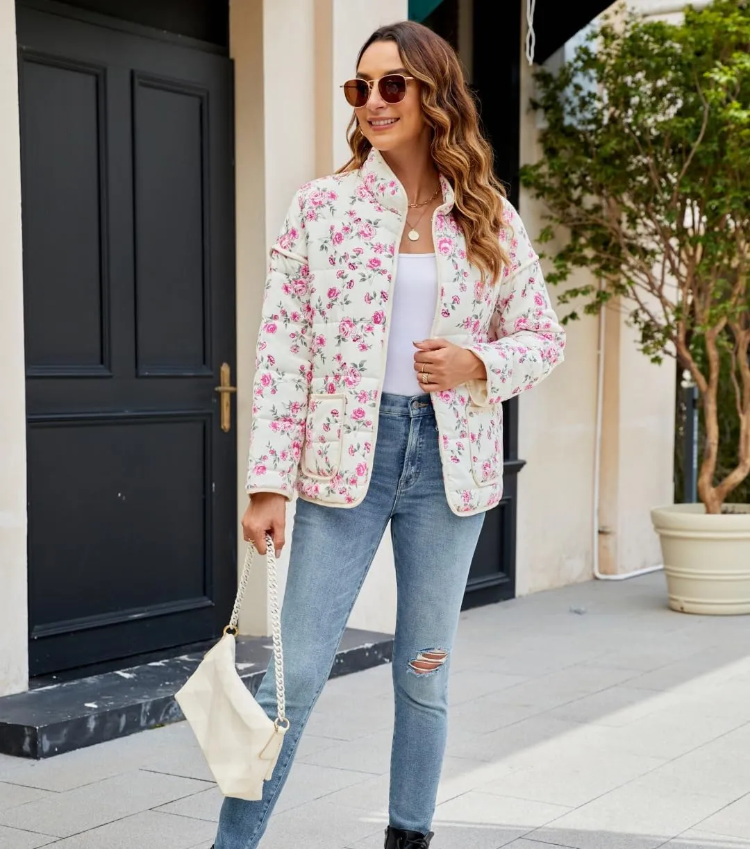 Women's Cropped Floral Quilted Jacket Lightweight Open Front Padded Puffer Coat