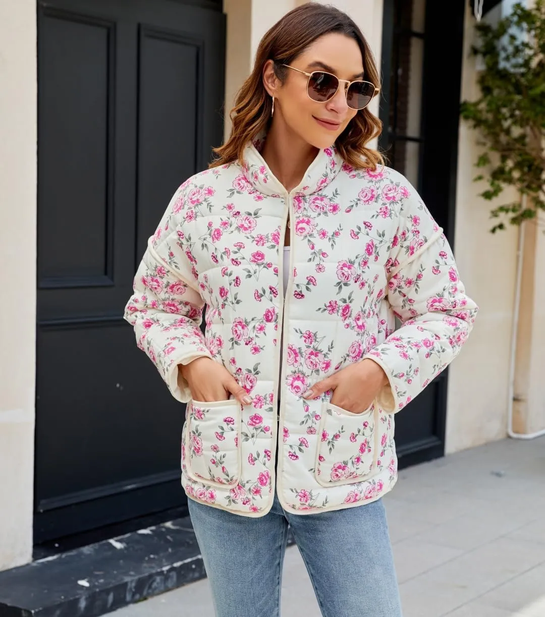 Women's Cropped Floral Quilted Jacket Lightweight Open Front Padded Puffer Coat
