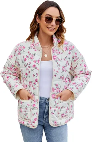 Women's Cropped Floral Quilted Jacket Lightweight Open Front Padded Puffer Coat