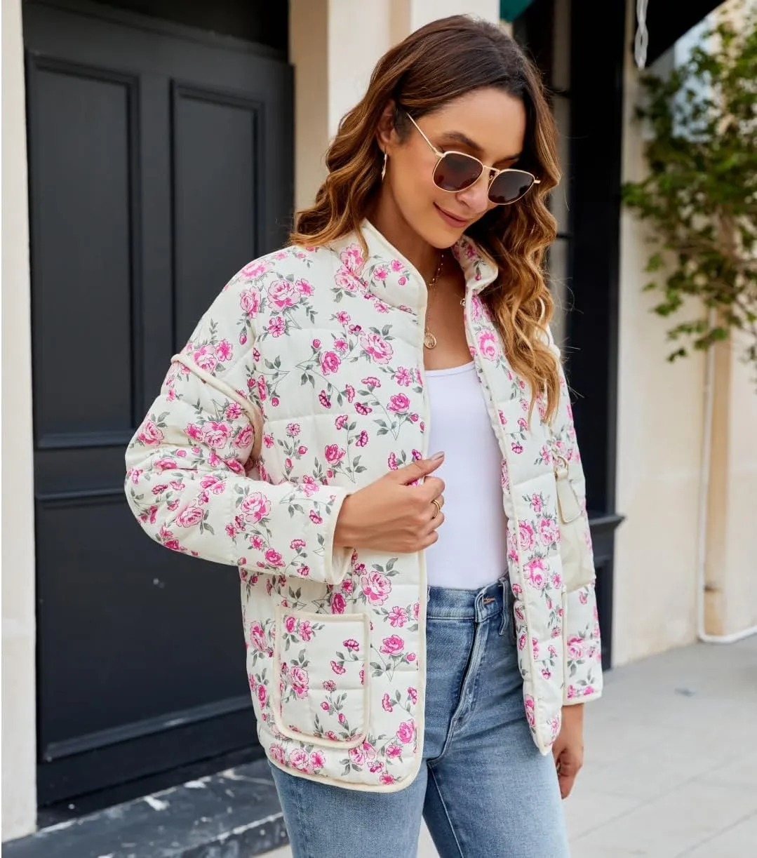 Women's Cropped Floral Quilted Jacket Lightweight Open Front Padded Puffer Coat
