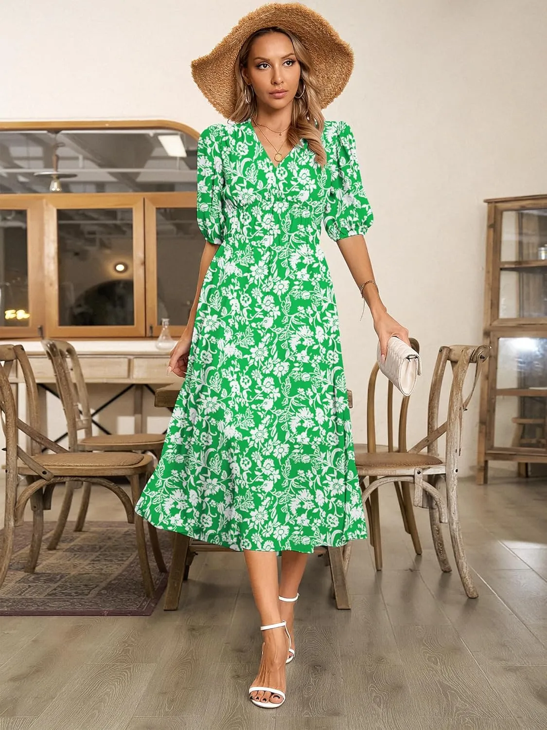 Womens Floral Flowy Wrap V Neck Midi Dress Short Sleeve Elastic Waist Casual Spring Summer Dresses for Women 2025