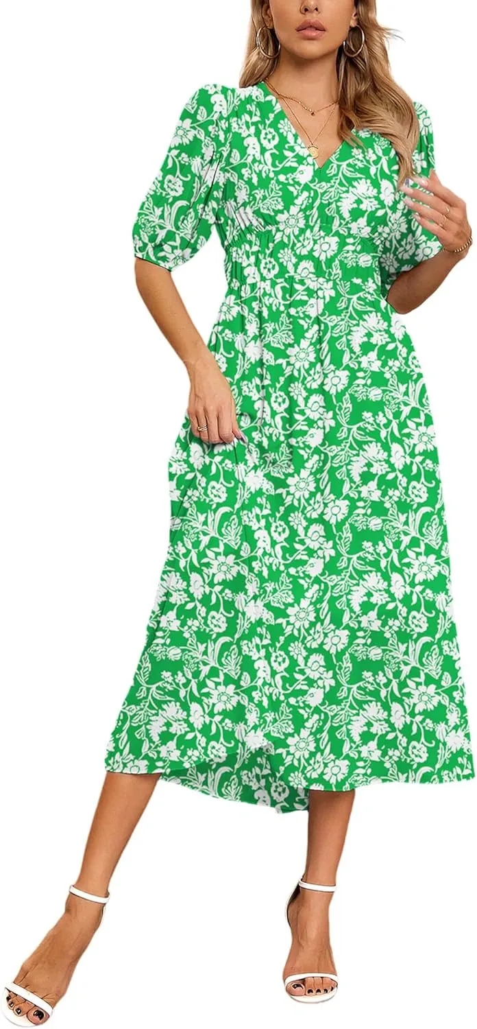Womens Floral Flowy Wrap V Neck Midi Dress Short Sleeve Elastic Waist Casual Spring Summer Dresses for Women 2025