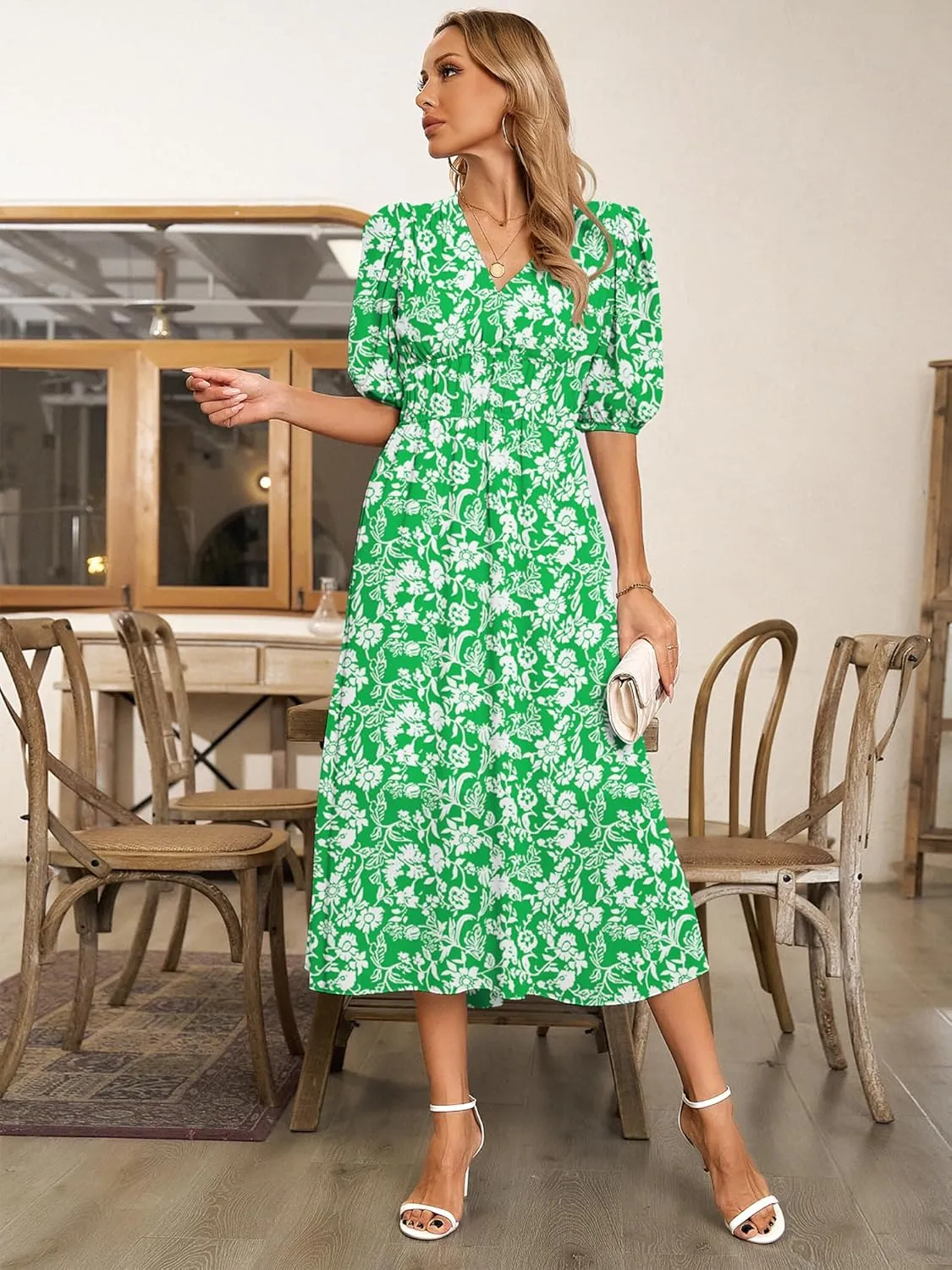 Womens Floral Flowy Wrap V Neck Midi Dress Short Sleeve Elastic Waist Casual Spring Summer Dresses for Women 2025