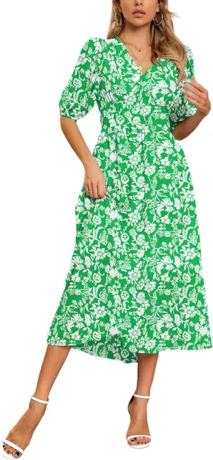 Womens Floral Flowy Wrap V Neck Midi Dress Short Sleeve Elastic Waist Casual Spring Summer Dresses for Women 2025