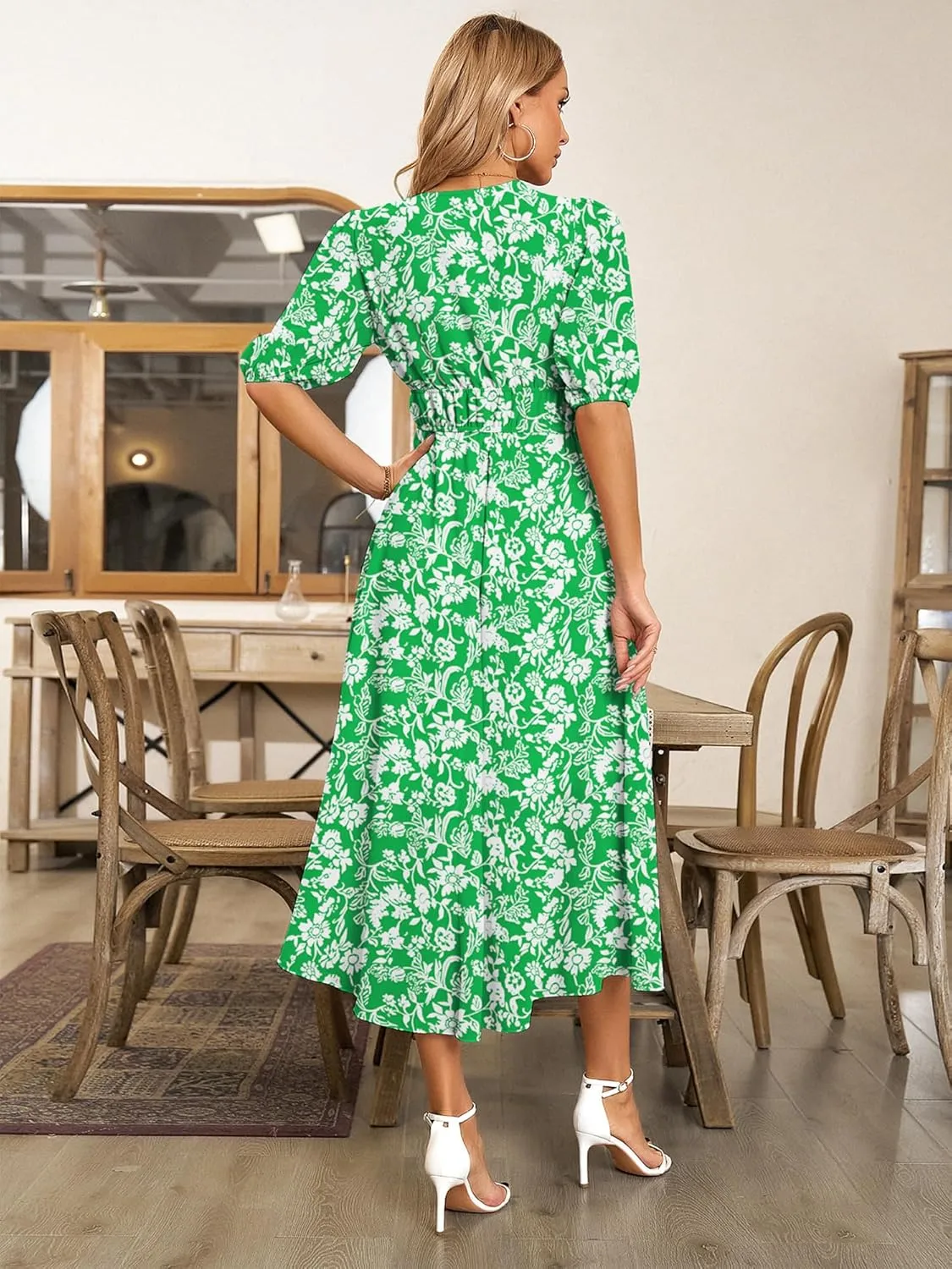 Womens Floral Flowy Wrap V Neck Midi Dress Short Sleeve Elastic Waist Casual Spring Summer Dresses for Women 2025