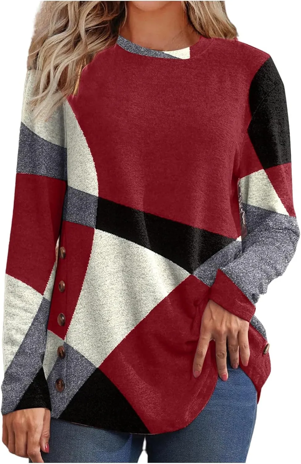 Womens Long Sleeve Tops Casual Women's Long Sleeve Crewneck Trendy Fleece Contrast Loose Fitting Casual Tunic Top Blouse