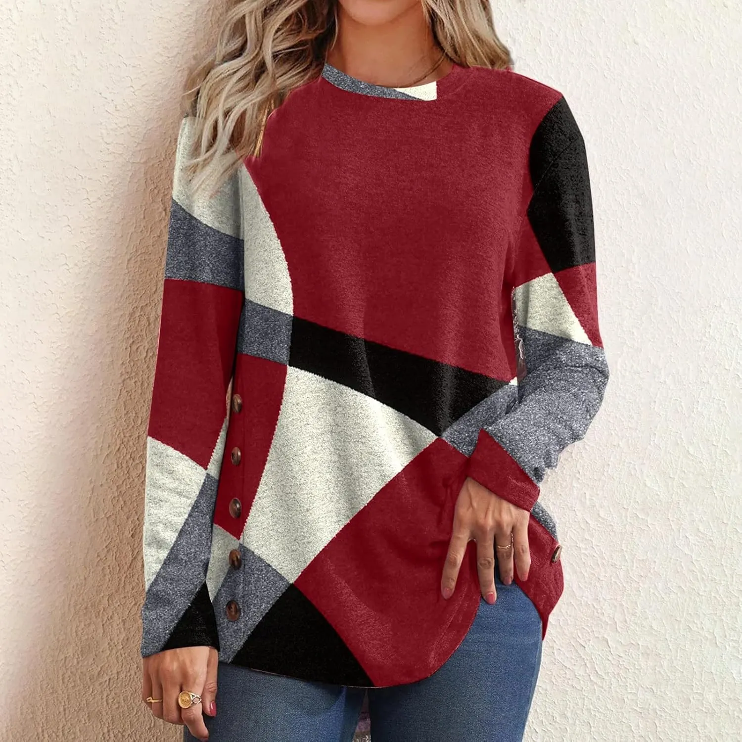 Womens Long Sleeve Tops Casual Women's Long Sleeve Crewneck Trendy Fleece Contrast Loose Fitting Casual Tunic Top Blouse