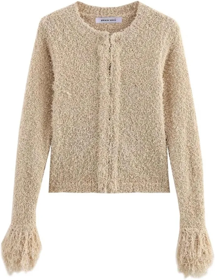 Women's Long Sleeved Knitted Cardigan Short Tassel Casual Sweater Coat